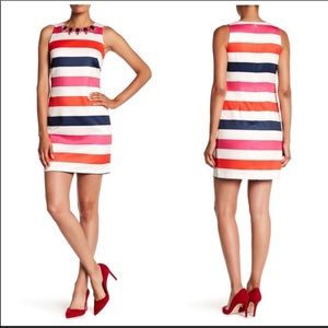 Vince Camuto Striped Sleeveless Gem Neckline Dress